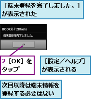 2［OK］をタップ,次回以降は端末情報を登録する必要はない,［端末登録を完了しました。］が表示された　　　　　　　,［設定／ヘルプ］が表示される  