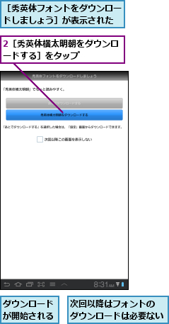 2［秀英体横太明朝をダウンロードする］をタップ　　　　,ダウンロードが開始される,次回以降はフォントの ダウンロードは必要ない,［秀英体フォントをダウンロードしましょう］が表示された