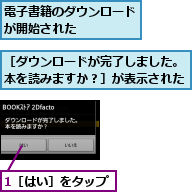 1［はい］をタップ  ,電子書籍のダウンロードが開始された    ,［ダウンロードが完了しました。本を読みますか？］が表示された