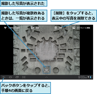 バックボタンをタップすると、手順4の画面に戻る　　　　,撮影した写真が表示された  ,撮影した写真が複数枚あるときは、一覧が表示される,［削除］をタップすると、表示中の写真を削除できる