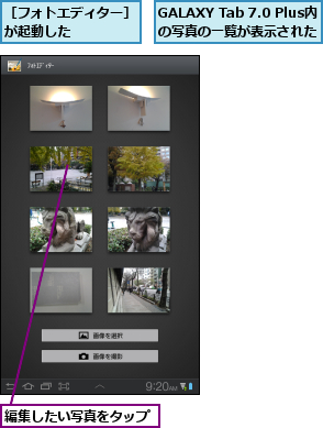 GALAXY Tab 7.0 Plus内の写真の一覧が表示された,編集したい写真をタップ,［フォトエディター］が起動した    