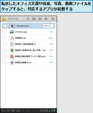 転送したオフィス文書や音楽、写真、動画ファイルをタップすると、対応するアプリが起動する    