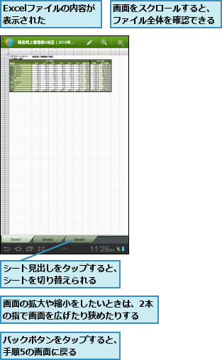 Excelファイルの内容が表示された    ,シート見出しをタップすると、シートを切り替えられる  ,バックボタンをタップすると、手順5の画面に戻る    ,画面の拡大や縮小をしたいときは、2本の指で画面を広げたり狭めたりする  ,画面をスクロールすると、ファイル全体を確認できる