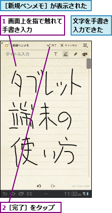 1 画面上を指で触れて手書き入力      ,2［完了］をタップ,文字を手書き入力できた,［新規ペンメモ］が表示された