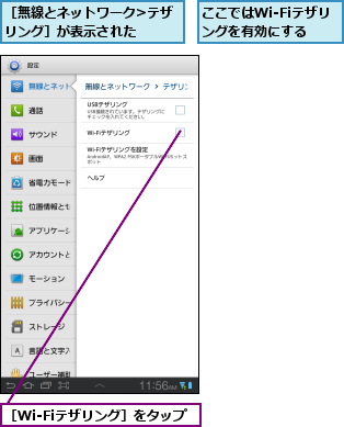ここではWi-Fiテザリングを有効にする,［Wi-Fiテザリング］をタップ,［無線とネットワーク>テザリング］が表示された    