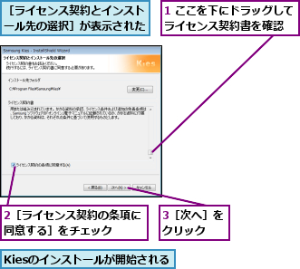 1 ここを下にドラッグしてライセンス契約書を確認  ,2［ライセンス契約の条項に同意する］をチェック  ,3［次へ］をクリック  ,Kiesのインストールが開始される,［ライセンス契約とインストール先の選択］が表示された