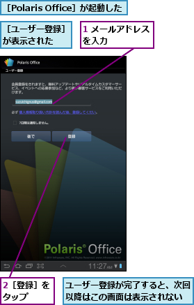 1 メールアドレスを入力      ,2［登録］をタップ  ,ユーザー登録が完了すると、次回以降はこの画面は表示されない,［Polaris Office］が起動した,［ユーザー登録］が表示された  