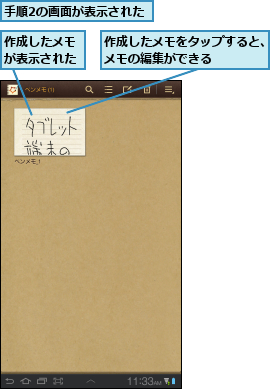 作成したメモが表示された,作成したメモをタップすると、メモの編集ができる    ,手順2の画面が表示された
