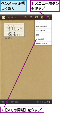 1 メニューボタンをタップ    ,2［メモの同期］をタップ,ペンメモを起動しておく  