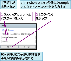 1 Googleアカウントとパスワードを入力,2［ログイン］をタップ  ,ここではレッスン6で登録したGoogleアカウントとパスワードを入力する,次回以降はこの手順は省略され、手順3の画面が表示される　　,［同期］が表示された