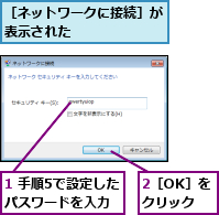 1 手順5で設定したパスワードを入力,2［OK］をクリック,［ネットワークに接続］が表示された      