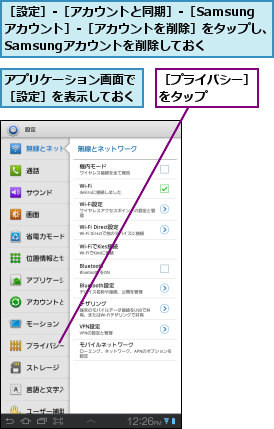 アプリケーション画面で［設定］を表示しておく,［プライバシー］をタップ   ,［設定］-［アカウントと同期］-［Samsung  アカウント］-［アカウントを削除］をタップし、Samsungアカウントを削除しておく