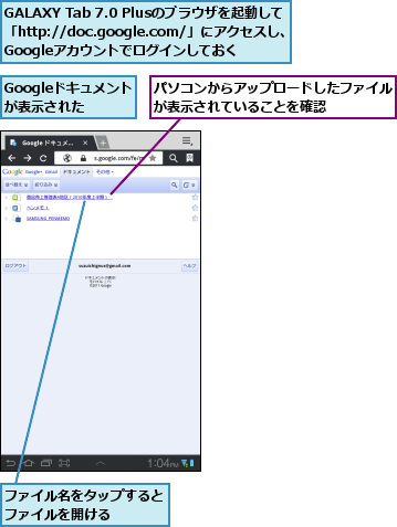 GALAXY Tab 7.0 Plusのブラウザを起動して　「http://doc.google.com/」にアクセスし、　Googleアカウントでログインしておく,Googleドキュメントが表示された,パソコンからアップロードしたファイルが表示されていることを確認    ,ファイル名をタップするとファイルを開ける    