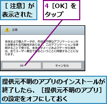 4［OK］をタップ,提供元不明のアプリのインストールが終了したら、［提供元不明のアプリ］の設定をオフにしておく,［ 注意］が表示された