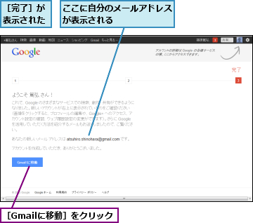 ここに自分のメールアドレスが表示される　　　　　　,［Gmailに移動］をクリック,［完了］が表示された