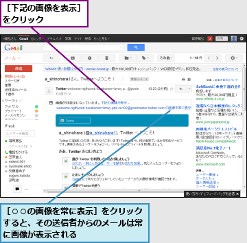 ［○○の画像を常に表示］をクリックすると、その送信者からのメールは常に画像が表示される,［下記の画像を表示］をクリック　　　　