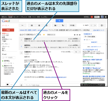 スレッドが表示された,最新のメールはすべての本文が表示される,過去のメールは本文の先頭部分だけが表示される　　　　　,過去のメールをクリック　　