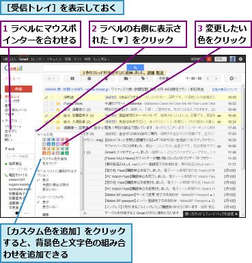 1 ラベルにマウスポインターを合わせる,2 ラベルの右側に表示された［▼］をクリック　　,3 変更したい色をクリック,［カスタム色を追加］をクリックすると、背景色と文字色の組み合わせを追加できる,［受信トレイ］を表示しておく