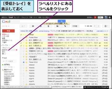 ラベルリストにあるラベルをクリック,［受信トレイ］を表示しておく　　