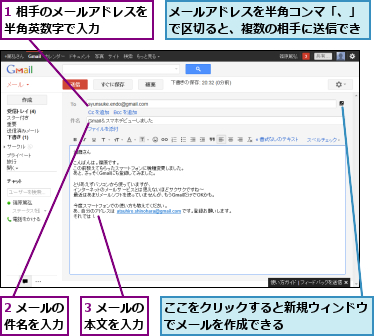 1 相手のメールアドレスを半角英数字で入力　　　　,2 メールの件名を入力,3 メールの本文を入力,ここをクリックすると新規ウィンドウでメールを作成できる　　　　　　,メールアドレスを半角コンマ「、」で区切ると、複数の相手に送信できる　　　