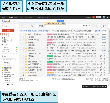 すでに受信したメールにラベルが付けられた,フィルタが作成された,今後受信するメールにも自動的にラベルが付けられる      