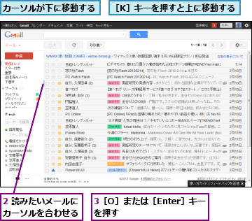 2 読みたいメールにカーソルを合わせる,3［O］または［Enter］キーを押す　　　　　　,カーソルが下に移動する,［K］キーを押すと上に移動する