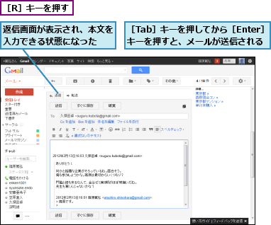 返信画面が表示され、本文を入力できる状態になった　　,［R］キーを押す,［Tab］キーを押してから［Enter］キーを押すと、メールが送信される