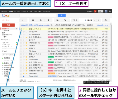 1［X］キーを押す,2 同様に操作してほかのメールもチェック　　,メールにチェックが付いた　　　,メールの一覧を表示しておく,［S］キーを押すとスターを付けられる