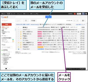 ここでは別のメールアカウントに届いたメールを、そのアカウントから返信する,メールをクリック,別のメールアカウントのメールを受信した　　,［受信トレイ］を表示しておく　　