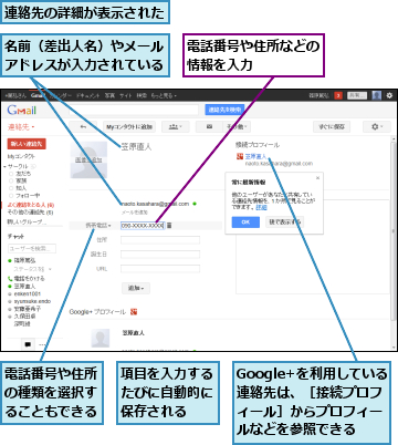 Google+を利用している連絡先は、［接続プロフィール］からプロフィールなどを参照できる,名前（差出人名）やメールアドレスが入力されている,連絡先の詳細が表示された,電話番号や住所などの情報を入力　　　　,電話番号や住所の種類を選択することもできる,項目を入力するたびに自動的に保存される