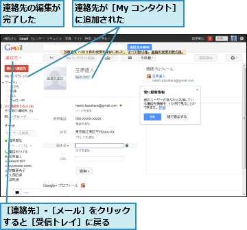 連絡先が［My コンタクト］に追加された　　　　　,連絡先の編集が完了した　　,［連絡先］-［メール］をクリックすると［受信トレイ］に戻る　　　