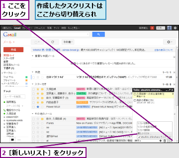 1 ここをクリック,2［新しいリスト］をクリック,作成したタスクリストはここから切り替えられ