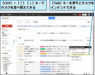 ［Ctrl］＋［↑］［↓］キーでタスクを並べ替えできる,［Tab］キーを押すとタスクをインデントできる　　　　　