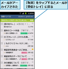メールがアーカイブされた,［取消］をタップするとメールが［受信トレイ］に戻る    