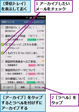 1 アーカイブしたいメールをチェック  ,2［ラベル］をタップ    ,［アーカイブ］をタップするとラベルを付けずにアーカイブする,［受信トレイ］を表示しておく