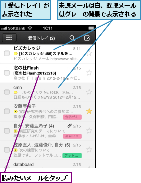 未読メールは白、既読メールはグレーの背景で表示される,読みたいメールをタップ,［受信トレイ］が表示された  