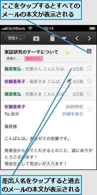 ここをタップするとすべてのメールの本文が表示される,差出人名をタップすると過去のメールの本文が表示される