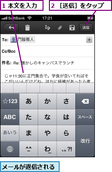 1 本文を入力,2 ［送信］をタップ,メールが返信される