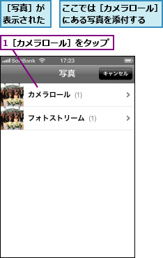 1［カメラロール］をタップ,ここでは［カメラロール］にある写真を添付する  ,［写真］が表示された