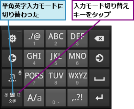 入力モード切り替えキーをタップ　　　,半角英字入力モードに切り替わった　　　