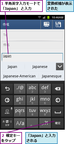 1 半角英字入力モードで「Japan」 と入力,「Japan」と入力される  ,変換候補が表示された    ,２ 確定キーをタップ  