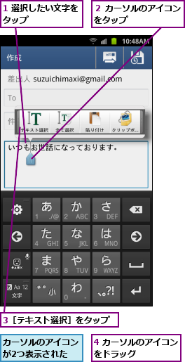 1 選択したい文字をタップ      ,3［テキスト選択］をタップ,4 カーソルのアイコンをドラッグ      ,カーソルのアイコンが2つ表示された,２ カーソルのアイコンをタップ      