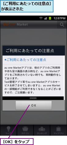 ［OK］をタップ,［ご利用にあたっての注意点］が表示された　　　　　　　