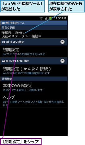 現在接続中のWi-Fiが表示された,［au Wi-Fi接続ツール］が起動した    ,［初期設定］をタップ