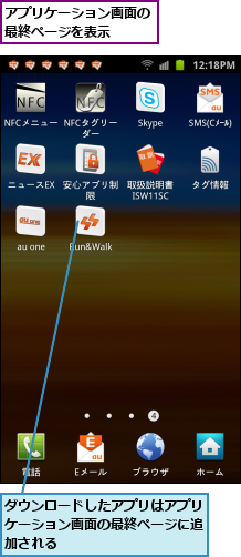アプリケーション画面の最終ページを表示　　,ダウンロードしたアプリはアプリケーション画面の最終ページに追加される