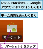 1［マーケット］をタップ,ホーム画面を表示しておく,レッスン6を参考に、Googleアカウントにログインしておく