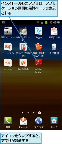 アイコンをタップすると、アプリが起動する　　　,インストールしたアプリは、アプリケーション画面の最終ページに表示される