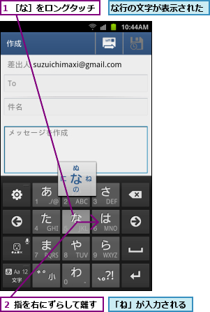 1 ［な］をロングタッチ,「ね」が入力される,な行の文字が表示された,２ 指を右にずらして離す