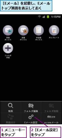 1 メニューキーをタップ    ,2［Eメール設定］ をタップ    ,［Eメール］を起動し、Eメールトップ画面を表示しておく