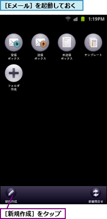 ［Eメール］を起動しておく,［新規作成］をタップ